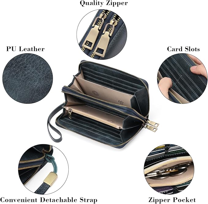 GAEKEAO Wallet for Women Clutch RFID Blocking Wristlet Leather Purse Large Capacity Credit Card Holder with Grip Hand Strap