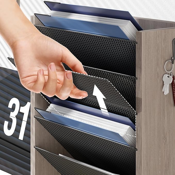 Mail Organizer Wall Mounted, 6-Tier Wall File Organizer with 2 Hooks, Wooden Desk Organizer Magazine Holder with Bottom Flat Tray, for Office Home, Greige