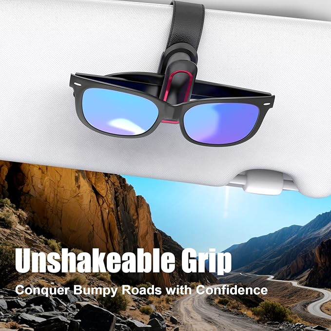 Veharvim Sunglass Holder for Car (2 Pack, One-Handed Operation, Gentle & Secure Hold, Silicone Padded, Universal Fits Sunglass and Car Visor) - Sunglasses Clip for Car Visor (Black & Red, 4 Pack)