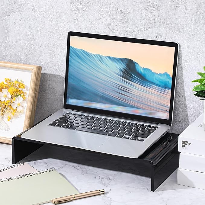 Jetec 2 Pcs Acrylic Monitor Stand Desktop Video Acrylic Monitor Riser Desk Shelf Computer Stand for Laptop TV Computer Screen Desk Organizer Teacher's Day Supplies (Black, 12 x 8 x 3 Inch)