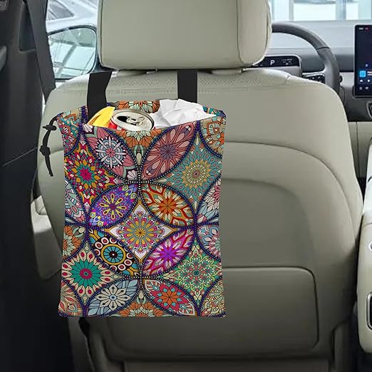 Car Trash Bag Hanging Mandala Flower Car Trash Can Waterproof Garbage Bag Hanging for Car Back Seat