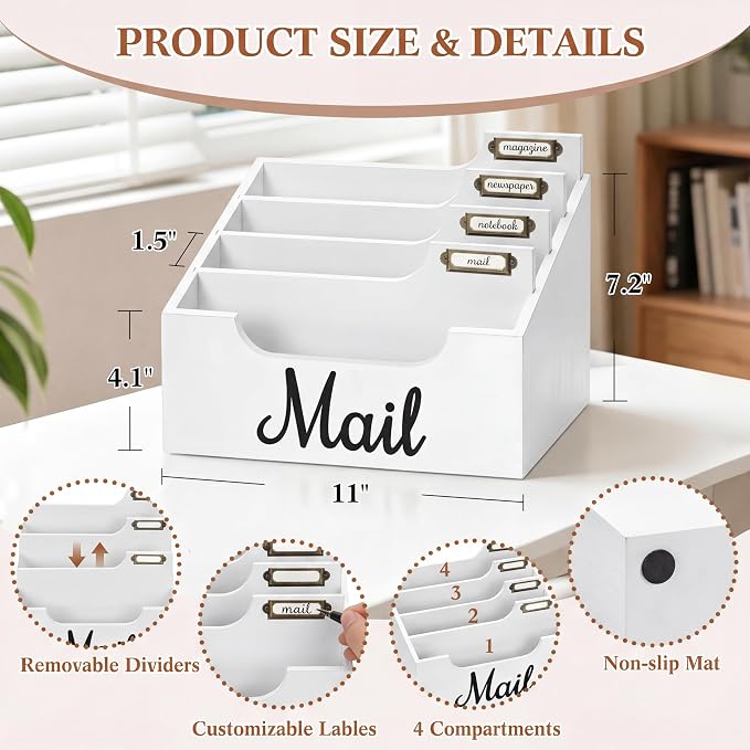 Rustic Wood Mail Organizer Countertop with 4 Slots, Black Mail Holder for Desk, Removable Dividers Mail Sorter, Letter Bill File Organizer for Home Office Classroom, Desktop Organizer with Free Labels