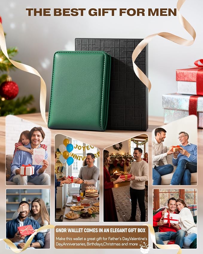 GNDR Wallet For Men Bifold Green RFID Blocking Slim Faux Leather Wallets Card Holder Front Pocket Minimalist Men Accessories With Gift Box