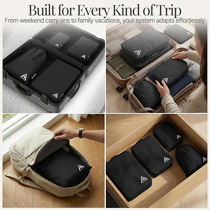 Well Traveled 4 pcs Compression Packing Bags Cubes Set with HybridMax Double-Capacity Design - Packing Cubes for Travel Compression to Maximize Limited Luggage Space, Black