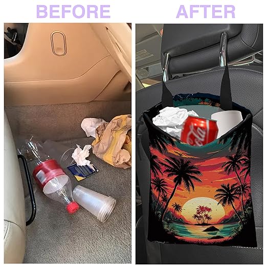 Car Trash Bag Hanging Palm Trees Sunrise Beach Landscape Car Trash Can for Back Seat Waterproof Car Garbage Can with Adjustable Straps and Drawstring for Car Accessories Vehicle Travelling Camping