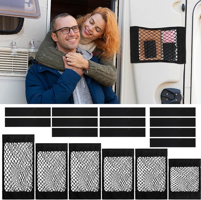 6 Pcs Mesh Cargo Net Universal Stretchable Elastic Rv Storage Netting with Adhesive Tape 4 Different Sizes Pocket Car Storage Net for Trunk Rv Boat Car Kitchen Cabinet Closet Home