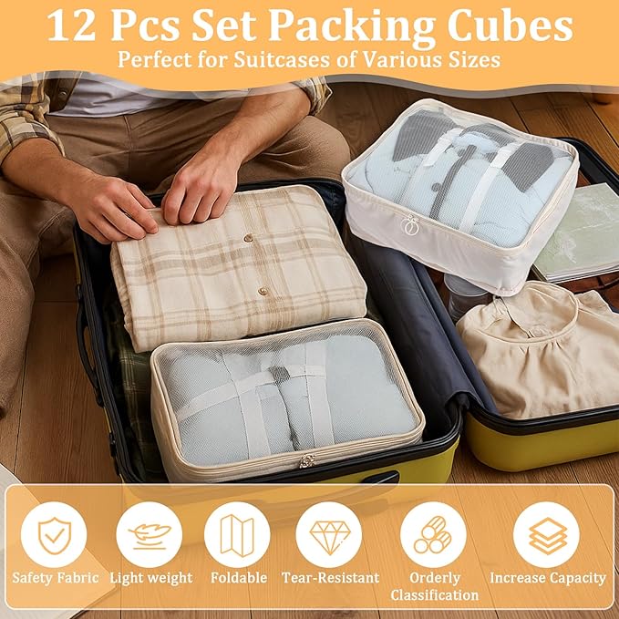 12 Pcs Packing Cubes for Suitcase Travel Luggage Bags Bulk Mesh Organizer Set for Hiking Camping Backpacking Clothes Accessories(Light Khaki, S, M, L Size)