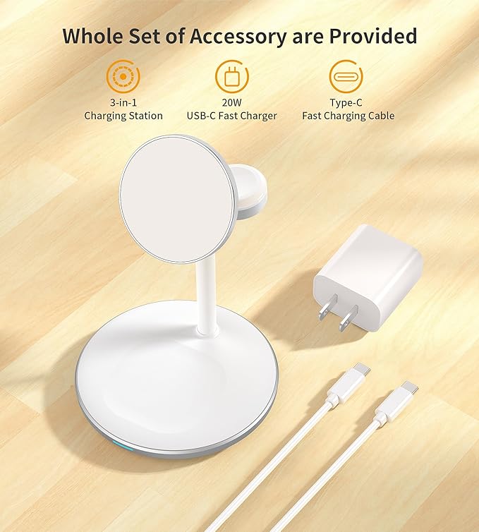 XooFly 3 in 1 Wireless Charging Station for Apple Devices, Fast Wireless Mag-Safe Charger Stand with 20W Adapter for iPhone 17 16 15 14 13 12 Pro Max/Air/Plus/Pro,iWatch,AirPods-Gift for Wife&Husband