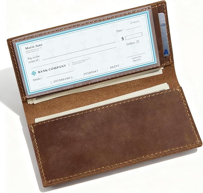 CoBak Genuine Leather Checkbook Cover – RFID Blocking, Luxury Handcrafted Design, Slim & Durable Organizer for Personal & Business Checks.Genuine Leather Brown
