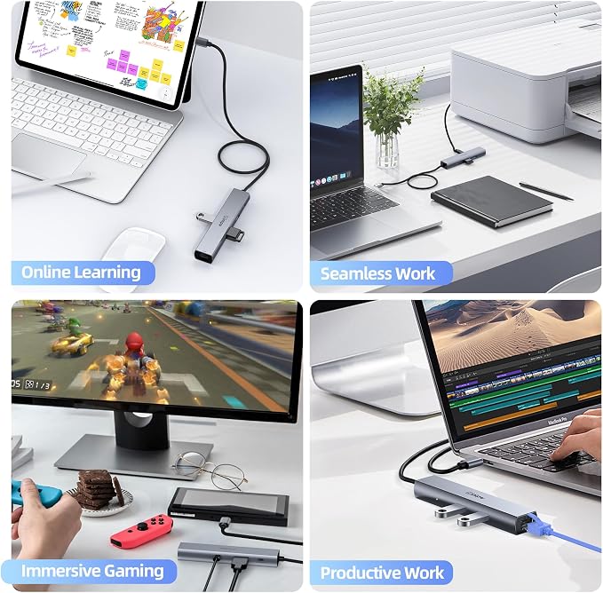 USB C Hub, intpw 6 in 1 USB C Multiport Adapter with 4K@60Hz HDMI, Gigabit Ethernet,100W PD, 5Gbps USB 3.0 Data Transfer, USB C Dongle for MacBook Pro/Air,iPad Pro and More