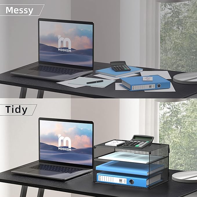 DALTACK 3 Tier Letter Tray Paper Organizer for Desk, Mesh Metal Desk File Organizer with Sliding Trays for Letter/A4 Paper, Mail, Bills & Folders, 2 Pack, Black