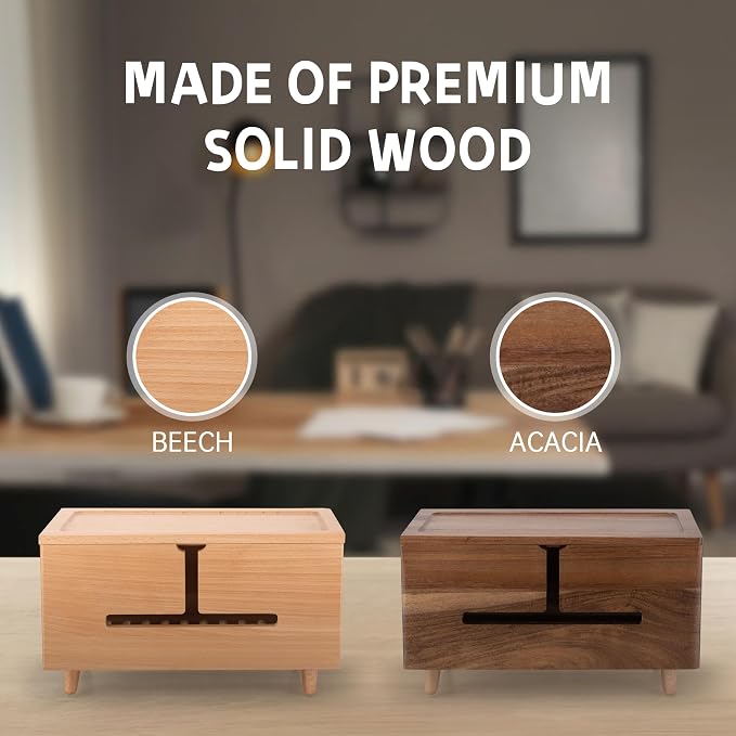 Natural Beechwood Large Cable Management Box for Power Strip & Cord Hider | Solid wood cable box fits 13" strips, flame-retardant, detachable legs, vents, child-safe, tool-free, hides 6-8 cords