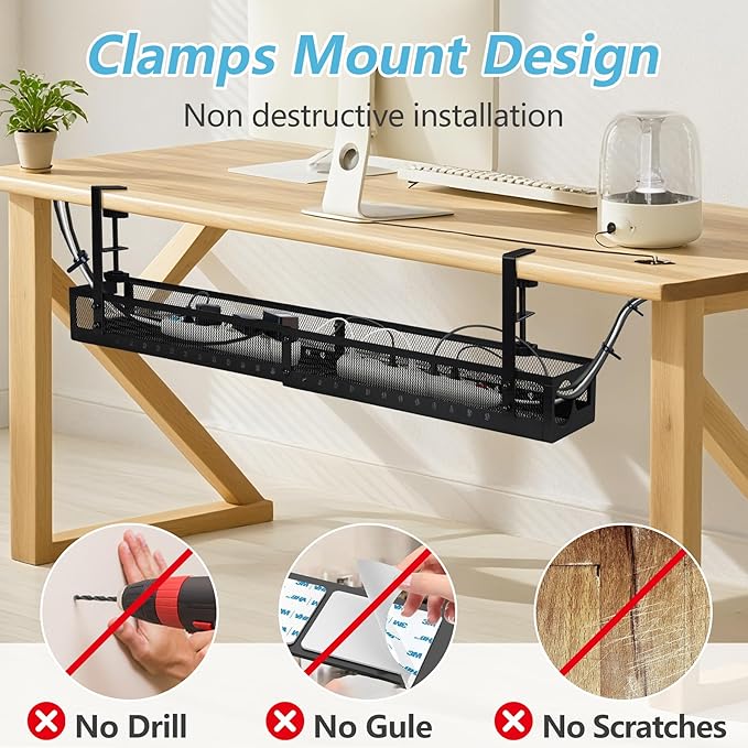 Under Desk Cable Management Tray No Drill - 25'' Large Metal Mesh Cord Organizer with Clamp Mount 2 Hole Cable Organizer Tray with Wire Management for Home Office Standing Desk