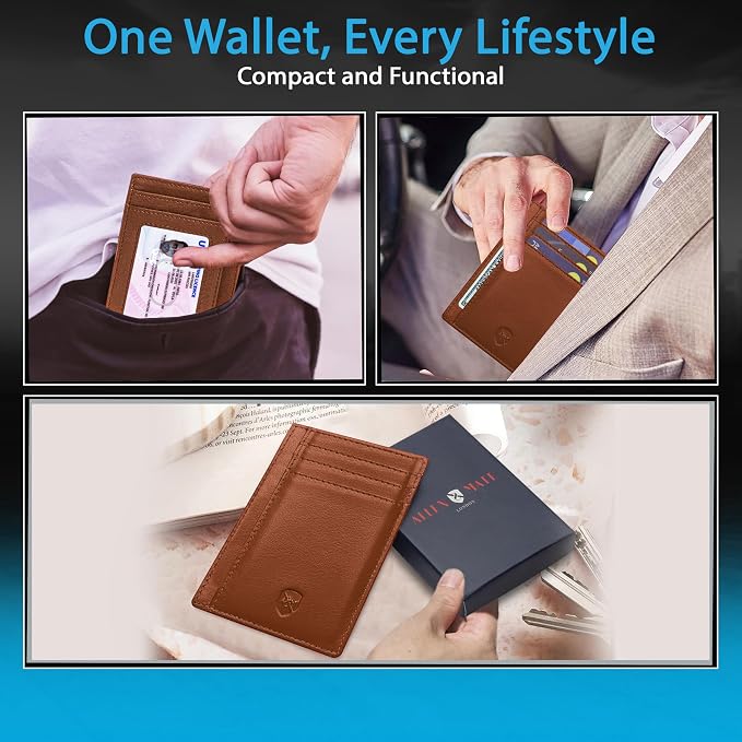 ALLEN & MATE 100% Genuine Leather Slim Minimalist wallet RFID Blocking Card Holder Wallets for Men & Women - Holds 7 Cards, ID & Cash with Gift Box (Tan)