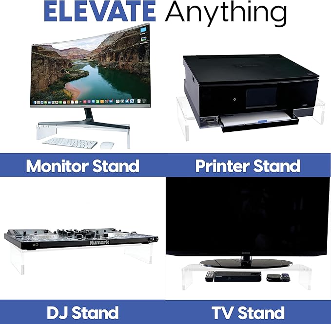 Mammoth High Grade Heavy Duty Clear Acrylic Computer Monitor Riser Stand for Home and Office, 20" Wide Base with 50LBs Load