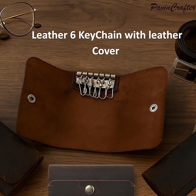 Leather Key Sleeve Brown Genuine Leather Key Holder with Ring, Compact Key Organizer for Men & Women