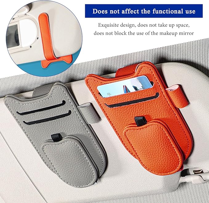 Sunglasses Holder for Car Visor, Magnetic Auto Sun Visor Organizer with Ticket & Pen Clip, Multi-Pocket Leather Eyeglass Clip Interior Accessories for Most Vehicles (Orange)