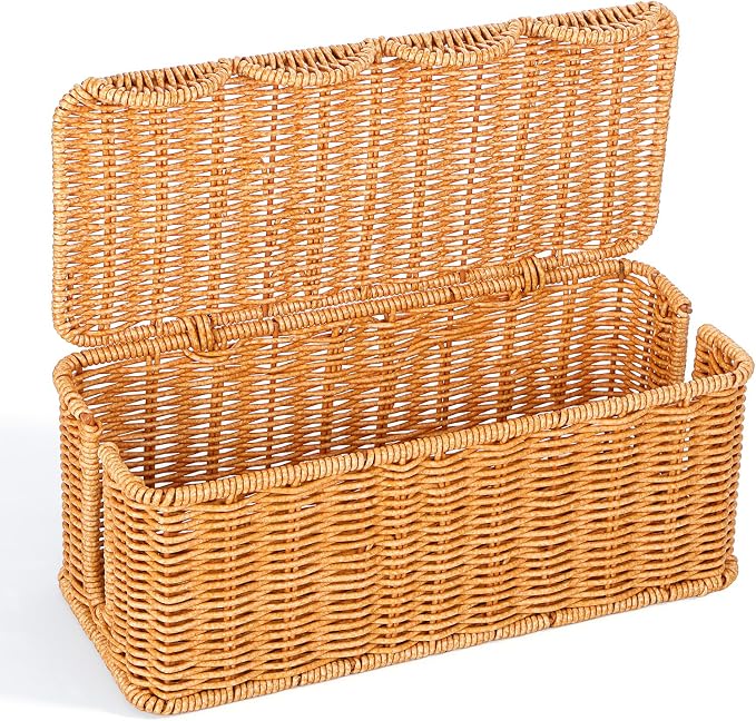 Large Rattan Cable Management Box, Handwoven Cord Hider Box with Lid, 2-Slot Under Desk Organizer for Power Strip, TV Wires, Computer Router & USB Hub, 11.8" x 5.1" x 5.1"