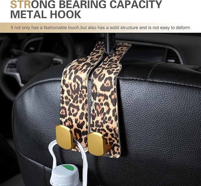 2 PCS Car Seat Headrest Hooks for Hanging, Double Heavy Duty Metal Hooks with Leopard Print, Car Organizer Accessories for Women, Universal for Most Cars, Trucks, SUVs (Brown Leopard Print)