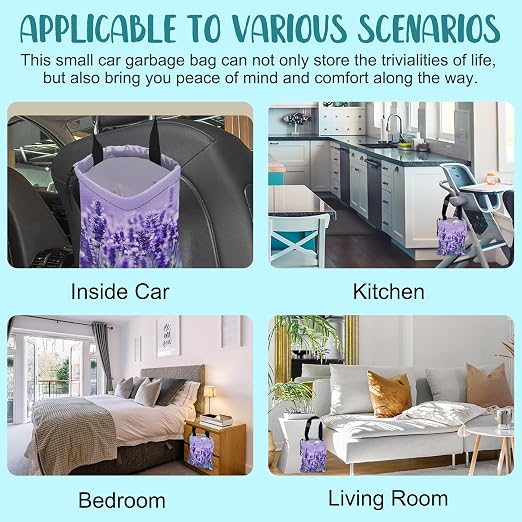 Car Garbage Bag Purple Lavender Flowers Drawstring Car Trash Bag Hanging for Back Seat with Adjustable Buckle Canvas Vehicle Trash Can Easy-to-Install