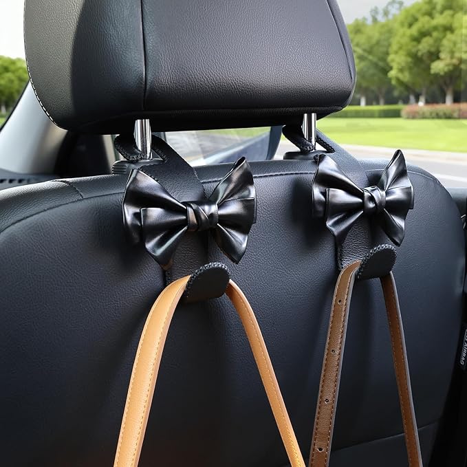 Car Seat Headrest Hooks, Leather Cute Bow Vehicle Hooks for Purses and Bags, Automotive Purse Hook Hanger Interior Decoration Accessories, Universal for SUV, Sedan, Truck (Black, 2 Pack)
