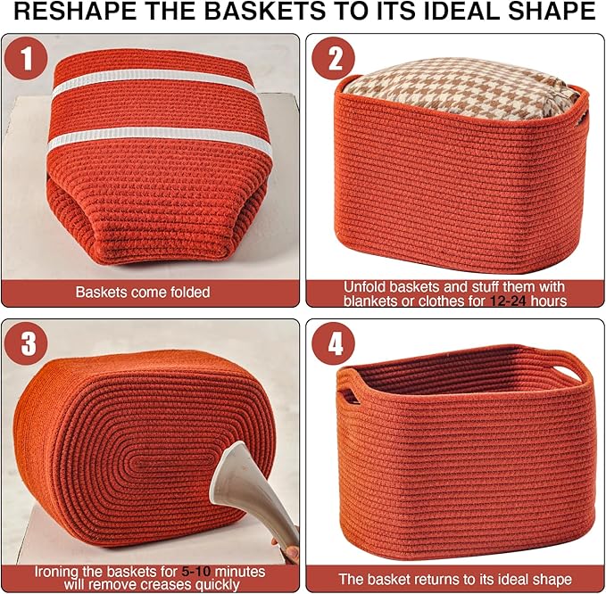 ICERZCZ Storage Baskets for Organizing, Storage Basket for Shelves, Toy Towel Basket for Bathroom Nursery, Woven Cotton Rope Baskets for Decor, 15"x11"x9.5", 3 Packs, Brick Red