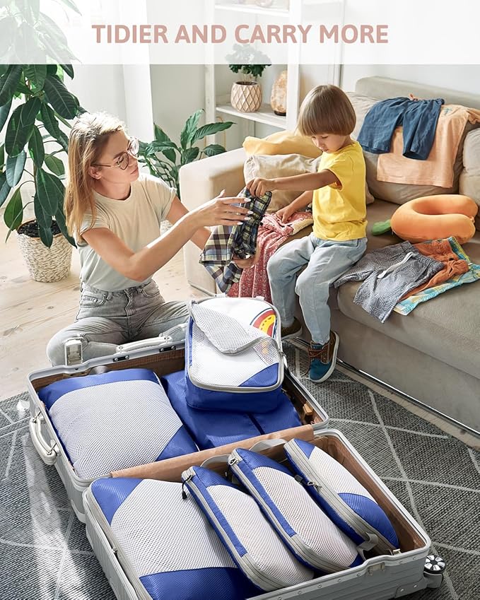 Meowoo 7 Set Compression Packing Cubes for Travel, Durable Ripstop Mesh Suitcase Organizer with Shoe Bag, Ultralight & Expandable Space Saver Travel Cubes
