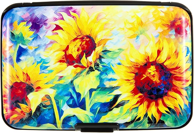 Credit Card Holder for Women Men RFID Blocking Wallet Small Business Metal Slim Mini Aluminum Hard Case (Yellow SunFlowers Painting)