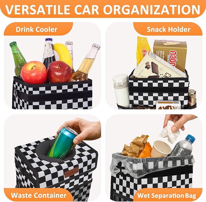 Vankor Car Trash Can Bin with Lid Hanging for Back Seat, Car Accessories for Women Men Leak Proof Automotive Garbage Cans Leakproof Vehicle Trash Can for Truck SUV,Black White Checkered