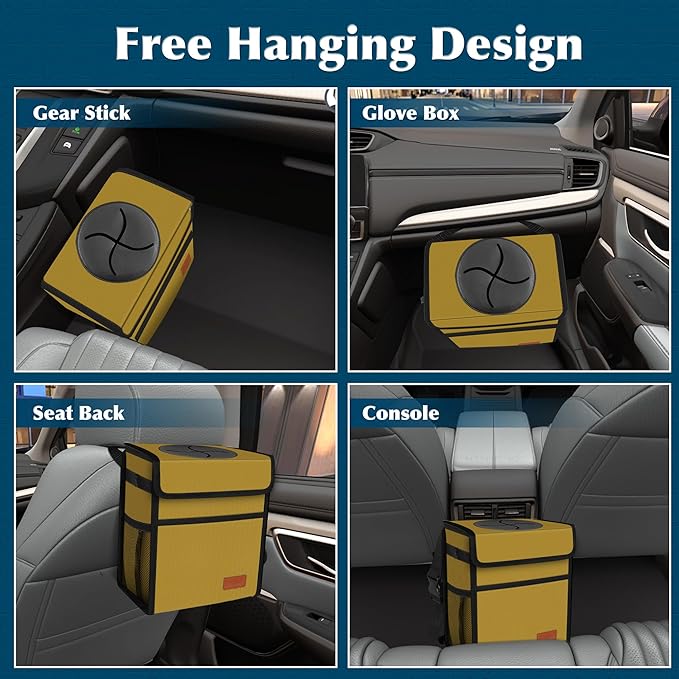 Femuar Car Trash Can with Lid - Leak Proof, Waterproof Garbage Can for SUV Front Seat, Multipurpose Car Hanging for Headrest, Collapsible and Portable with Storage Mesh Pocket, Khaki