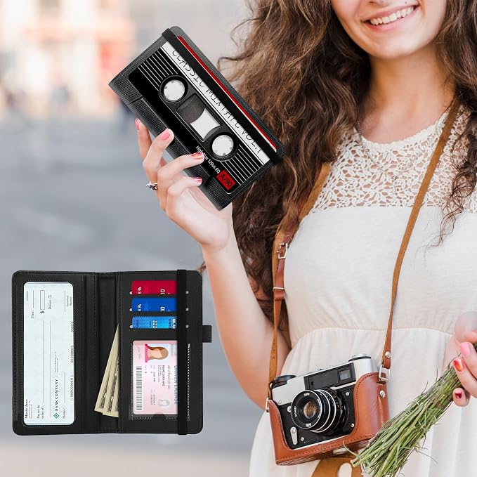 Premium PU Leather Checkbook Cover for Men & Women,RFID Blocking Slim Check Book Holder with Duplicate Check Divider & Pen Holder,Fits Standard Personal Checks,Cassette Tape
