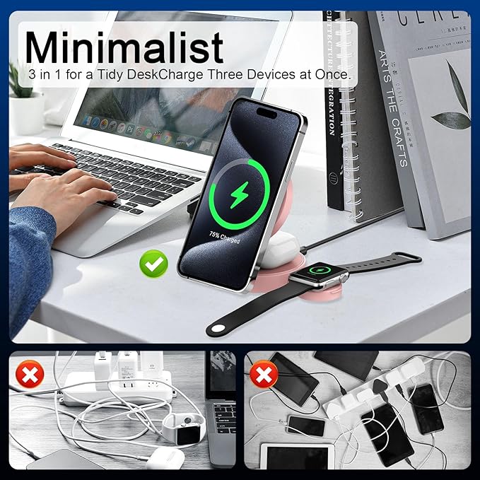 3 in 1 Magnetic Wireless Charging Station for iPhone 17/16/15/14/13/12 Series, Apple Watch and AirPods, MagSafe-Compatible 15W Fast Charging Stand, Foldable Adjustable Travel Charger, Pink