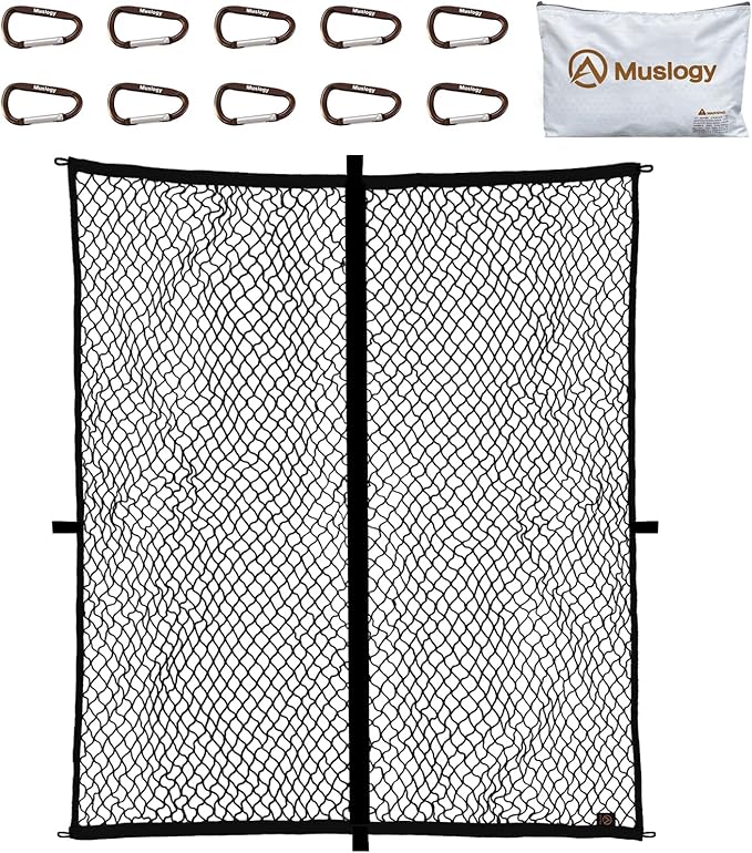 Muslogy Truck Bed Cargo Net Trunk Netting Compatible with Pickup Bed Stretchable 4'x4' to 7'x7' Accessories, Pickup Cargo Organizer SUV Sedan Storage Net w/Heavy Duty Carabiners
