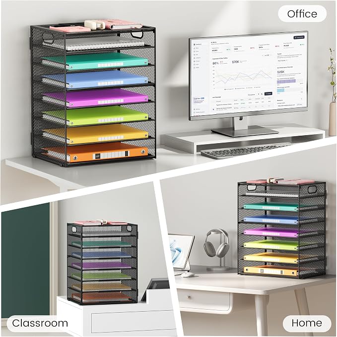 Lavatino 2 Pack 8-Tier Office Desk File Organizer, Letter Tray Paper Organizer with Handle, Including 5 Adjustable Slide Trays for Organizing Desktop Workspace Accessories and Supplies (Black Mesh)