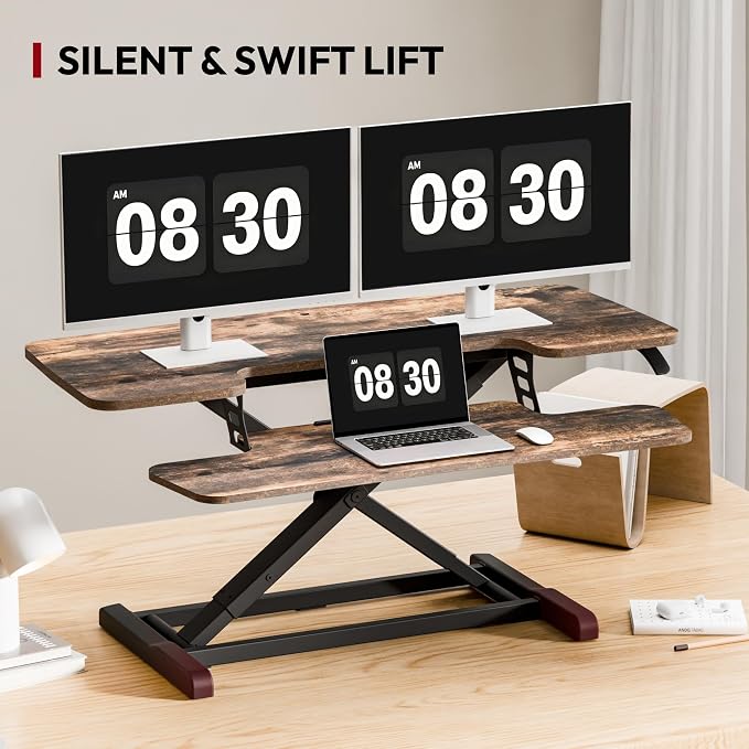 SANODESK 40" Standing Desk Converter, Effortless Lift Sit-Stand Desk Riser for Dual Monitors, Large Ergonomic Computer Workstation Tabletop, Rustic Brown