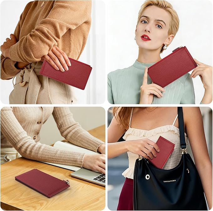 Wallet for Women RFID Blocking Leather Wallet Large Size Bifold Multi Card Holder Wallet with 2 Zipper Pocket - Red