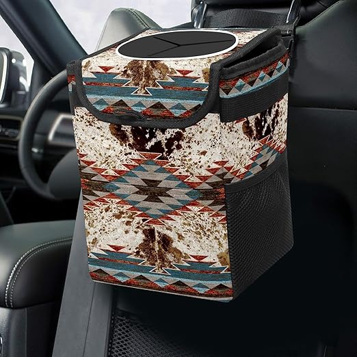Car Trash Can with Lid Western Aztec Cow Print Collapsible Reusable Leak-Proof Auto Garage Bag,Hanging Vehicle Car Accessories Interior Car Organizer