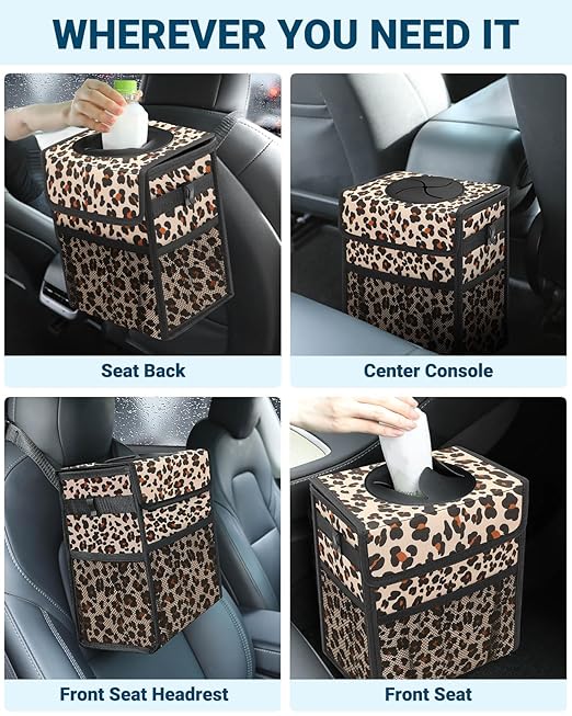 Capolo Car Trash Can with Lid, Leakproof Car Trash Bag Hanging Waterproof Automotive Garbage Can with Storage Pockets Mini Vehicle Trash Bin for Back/Front Seat(Leopard,2.5 Gallon)
