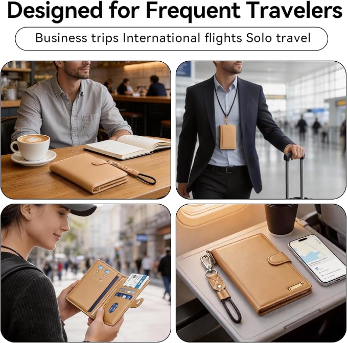 Passport Holder for Travel, Apple MFi Certified Smart Passport Cover Works with Find My, Rechargeable Travel Wallet with Lanyard, RFID Blocking Card Case, PU Leather, Brown