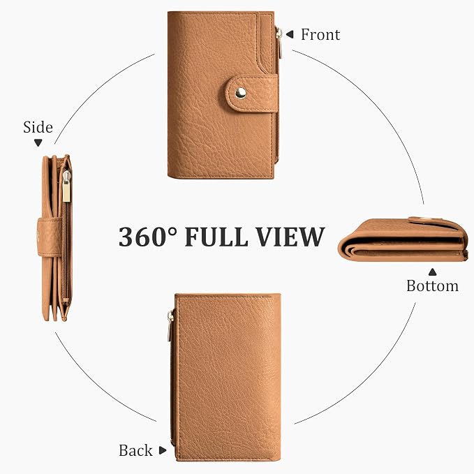 Airkit Small Women's Bifold Wallet, RFID Blocking Credit Card Holder with Zipper, Travel Cute Coin Pocket Wallet for Ladies, Brown