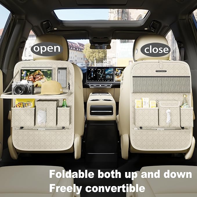 GMQ Backseat Car Organizer 1 Pack, Car Back Seat Organizers with Tray,Multifunctional Car Seat Back Organizer with Foldable Tablet Holder (Beige, 1 PC)