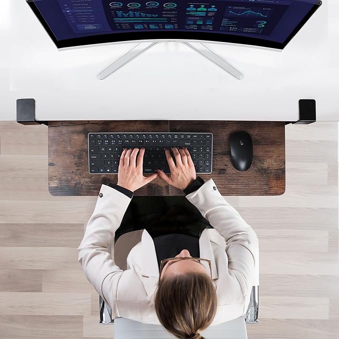 Large 26.77" Keyboard Tray Under Desk with Storage Drawer - Heavy Duty C-Clamp Mount, Ergonomic Computer Keyboard Stand for Home Office, Easy Install (Mahogany)