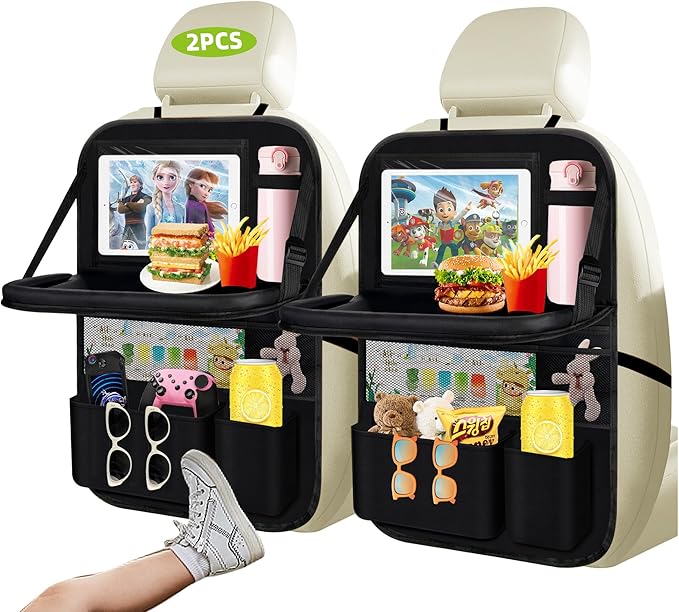 2PCS Backseat Car Organizer with Foldable Tray-9+2 Pockets Car Organizer and Storage,Car Seat Back Protector Road Trip Essentials Storage Caddy/Stuff for Cars/Truck/SUV Christmas Gifts
