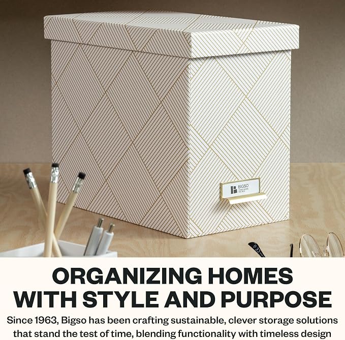 Bigso John Fiberboard Label Frame Desktop File Storage Box - Document Organizer for Important Paperwork - Durable Hanging File Box with Lid & Metal Label Window - 7.36 x 13.38 x 10.51in - Gold Squares
