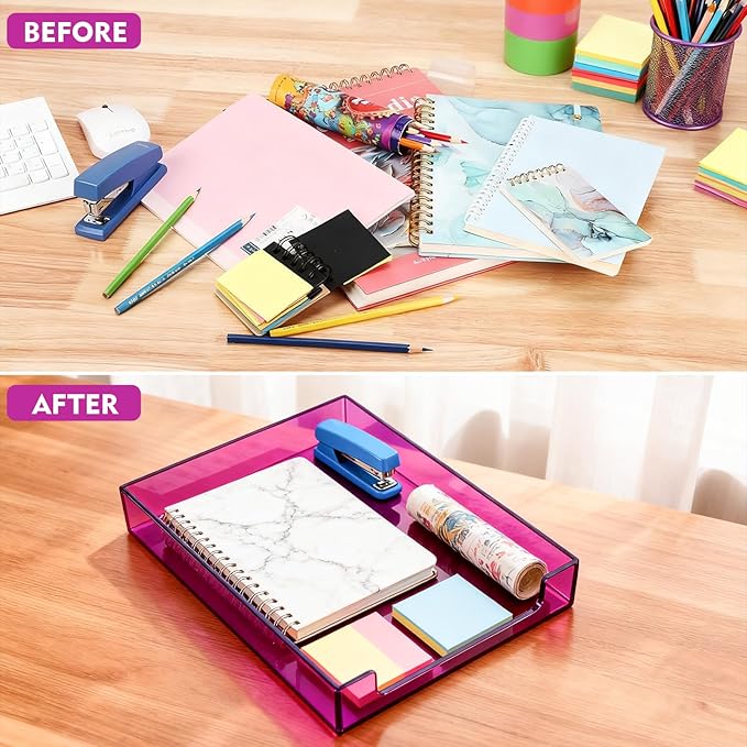 Paper Tray Acrylic File Organizer for Desk Letter Tray Desk Organizer Document Holder Sorter Storage for A4 Office Supplies Magazines, 13.8x10.6x2.4 Inches, Bright Purple