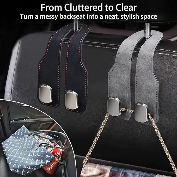 2Pcs Car Headrest Hooks with Premium Leather, Upgraded Double Metal Hooks with Anti-Drop Design, Universal Back Seat Hanger for Bags, Coats, Purses and Groceries (Stylish Black)
