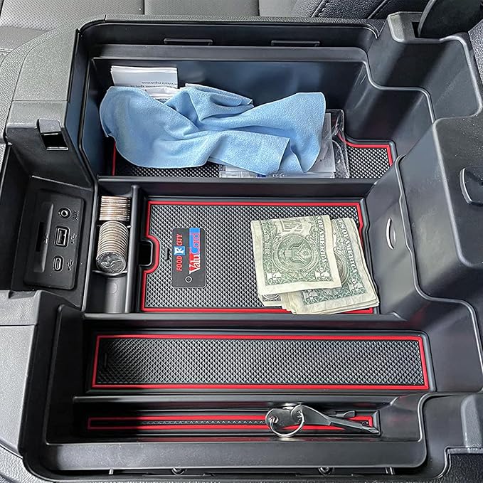 TACOBRO Center Console Organizer Compatible with 2020-2023 Silverado/Sierra 2500/3500HD/ 2019-2022 Chevy Silverado 1500 / GMC Sierra 1500 Accessories - Full-Coverage Insert Tray, ABS material,Red