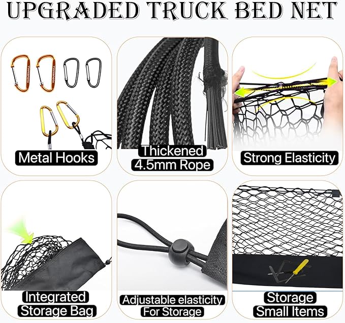 Highly Elastic Truck Bed Cargo Net Compatible with 2024 2025 Ford Ranger, Envelope Style Truck Cargo Net for Ranger Accessories, Upgraded Storage Bag & Heavy Duty Carabiners