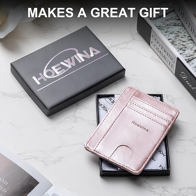 Hoewina Slim Wallet for Men, Credit Card Holder Wallet, Minimalist Design - RFID Blocking Front Pocket Leather Thin Wallet for Men and Women(Rose Gold)