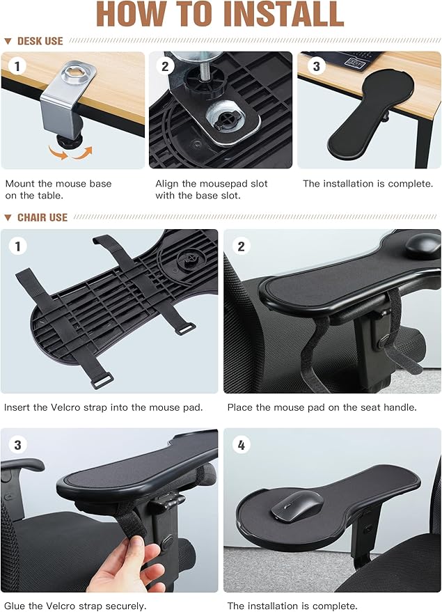 Upgrade Chair arm Mouse pad, Ergonomic Arm Rest Mouse Pads for Chairs and Desk, Adjustable Mouse Tray,Forearms Pressure Relief Computer Desk Extender, Black (Black(YU8351))